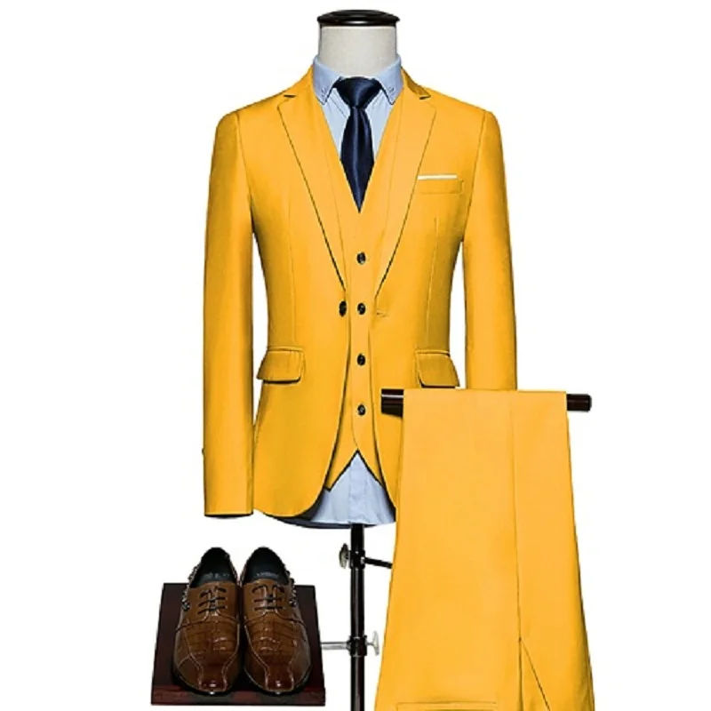 2 pieces Yellow Роскошный мужской свадебный костюм, мужские блейзеры, приталенные костюмы для мужчин, деловой вечерний синий классический черный M-6XL, мужской смокинг - Цвет: 2 pieces Yellow