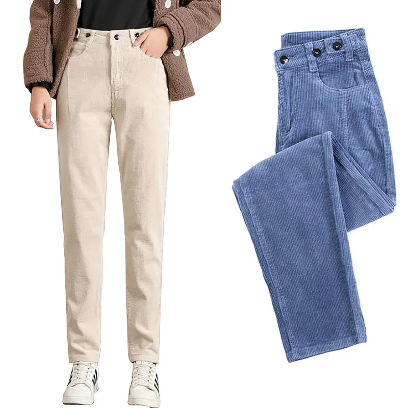 

Женские вельветовые брюки, с начесом, винтажные теплые брюки с высокой талией, повседневные, плотные, свободные, шаровары, Осень-зима, размер...