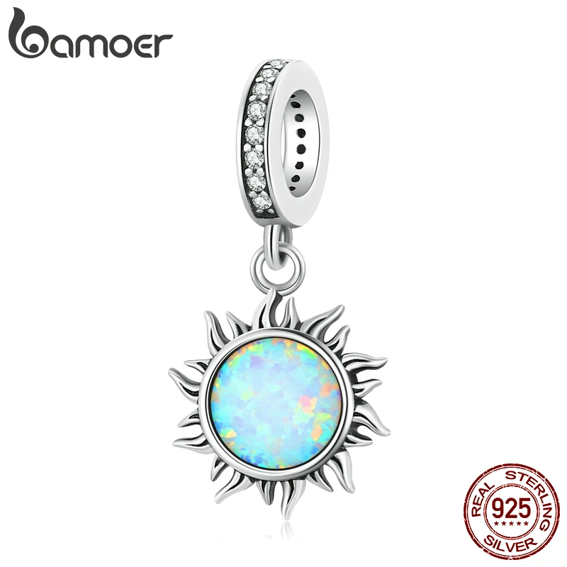 Bamoer Authentic 925 Sterling Silver Opal Sun Charms Pendant for Women Original Bracelet or Bangle Fine Jewelry Silver Gift