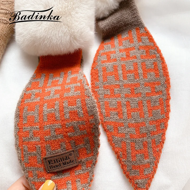 

2020 New Women's Letter Design Knitted Scarf Neckerchief Women Fashion Thick Warm Faux Rabbit Fur Neck Collar Scarves for Ladies