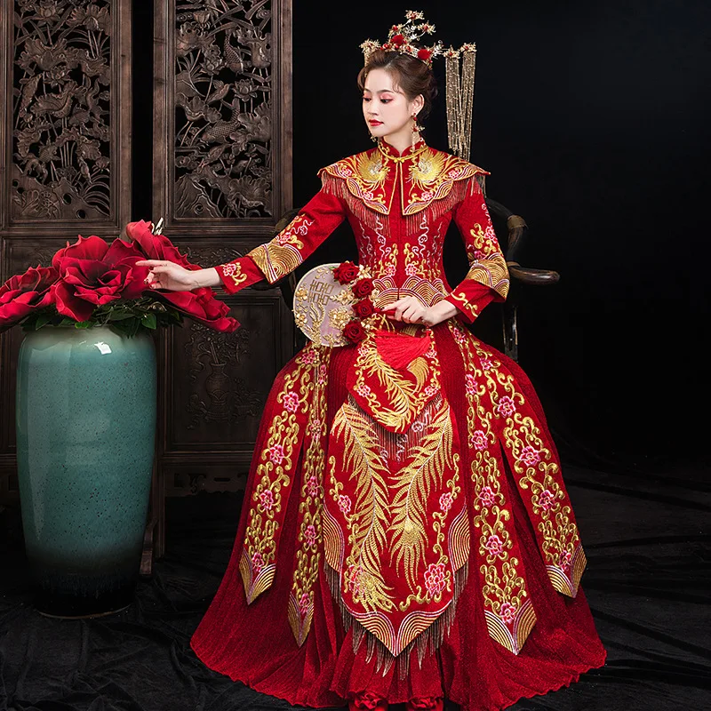 Высококачественное свадебное платье с вышивкой стразы в стиле ретро китайское