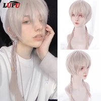 lupu synthetic mens wig lolita anime short cosplay wigs for boy trailing tail fake false hair gray white heat resistant fiber