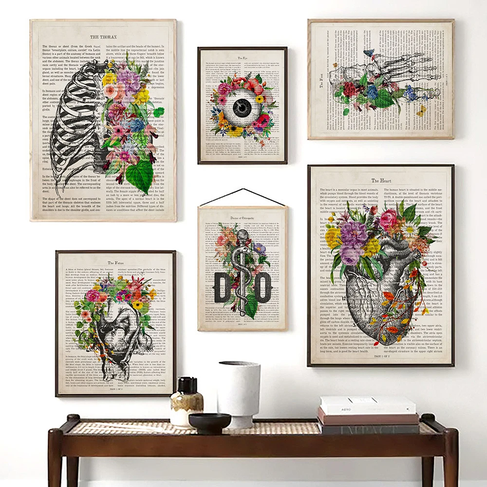 

Vintage Human Body Anatomy Poster Heart Lungs Flower Medical Wall Pictures Foot Canvas Print Painting For Hospital Clinic Decor