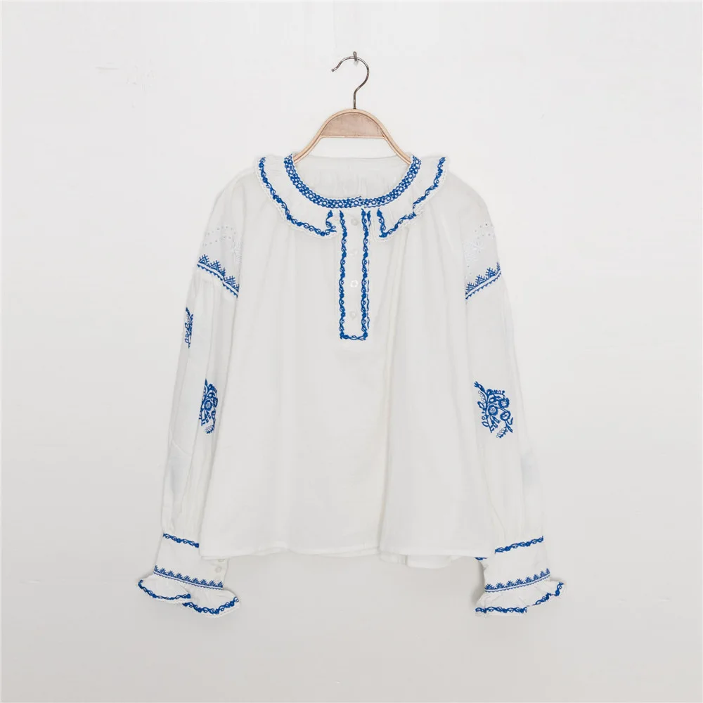 

Women shirt tops embroidery ruffle long sleeve blouse + casual wild mini skirt