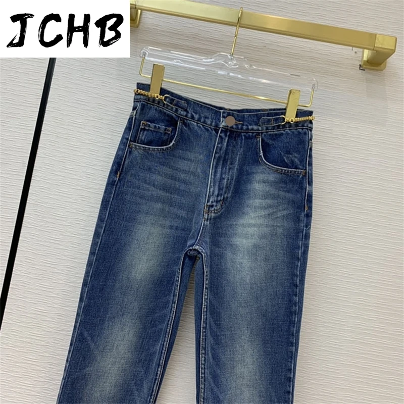 Straight Trends Fashion Women 2021 New Metal Decorative High Waist Slim Casual Cotton Office Lady Washed Jeans Pants