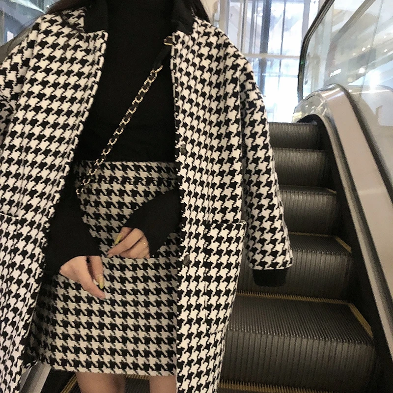 

Black and white houndstooth jacket women's autumn and winter woolen jacket 2020 popular cashmere stitched nine-quarter sleeves