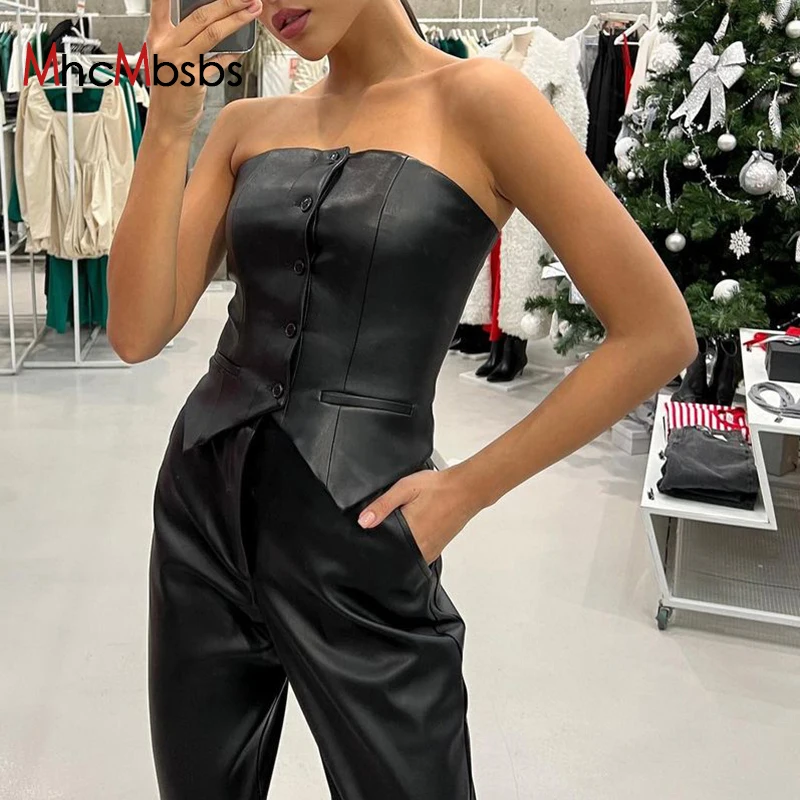 

Sexy Strapless Off Shoulder Corset Tops Women PU Faux Leather Single Breasted Skinny Camisole 2022 Spring Fall Goth Black Top