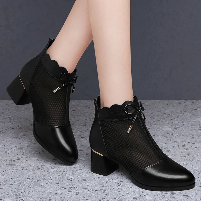 

Autuspin Genuine Leather Short Boots Women Fashion Breathable Back Zipper Lady Ankle Boot 2021 Summer Party Dress Shoes Woman
