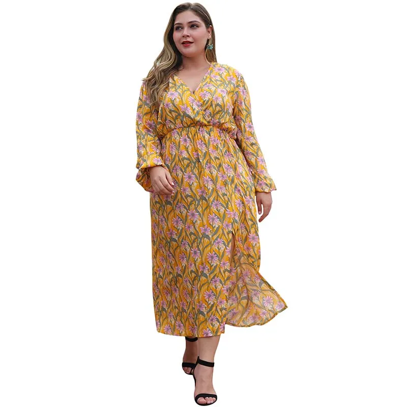 WHZHM/осеннее платье с цветочным принтом и разрезом большие размеры 3XL 4XL длинные
