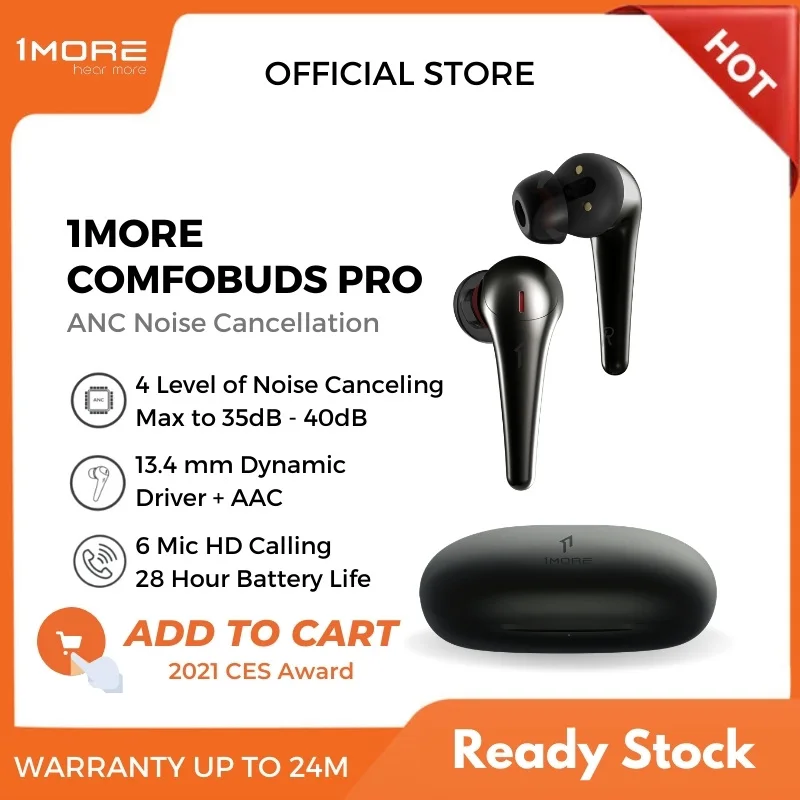 

1MORE ComfoBuds Pro ANC Tws Active Noise Canceling Headphones QuietMax Wireless Earbuds Bluetooth 5.0 6 Mic 13.4mm Bass Headset