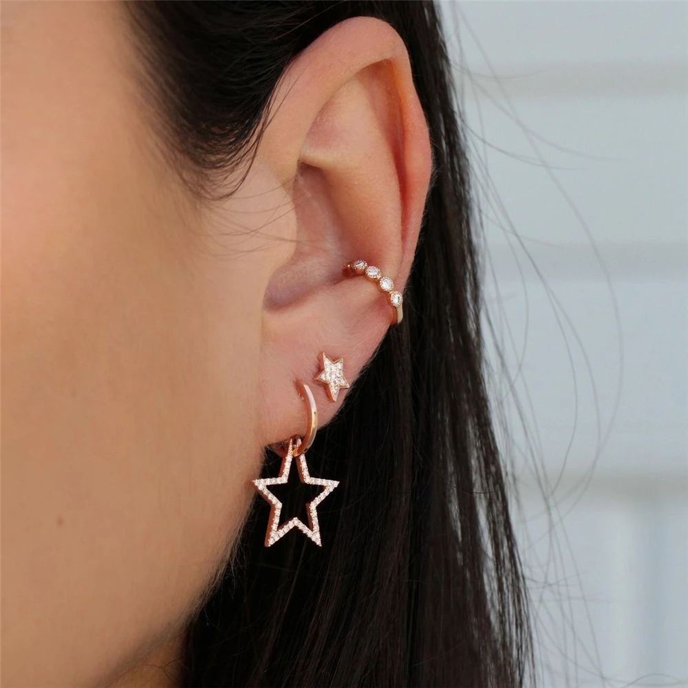 

Five-Pointed Star Full Diamond Ear Clip Set Gold Color Crystal Earrings For Women Ear Piercing Double Cartilage Stud Earrings