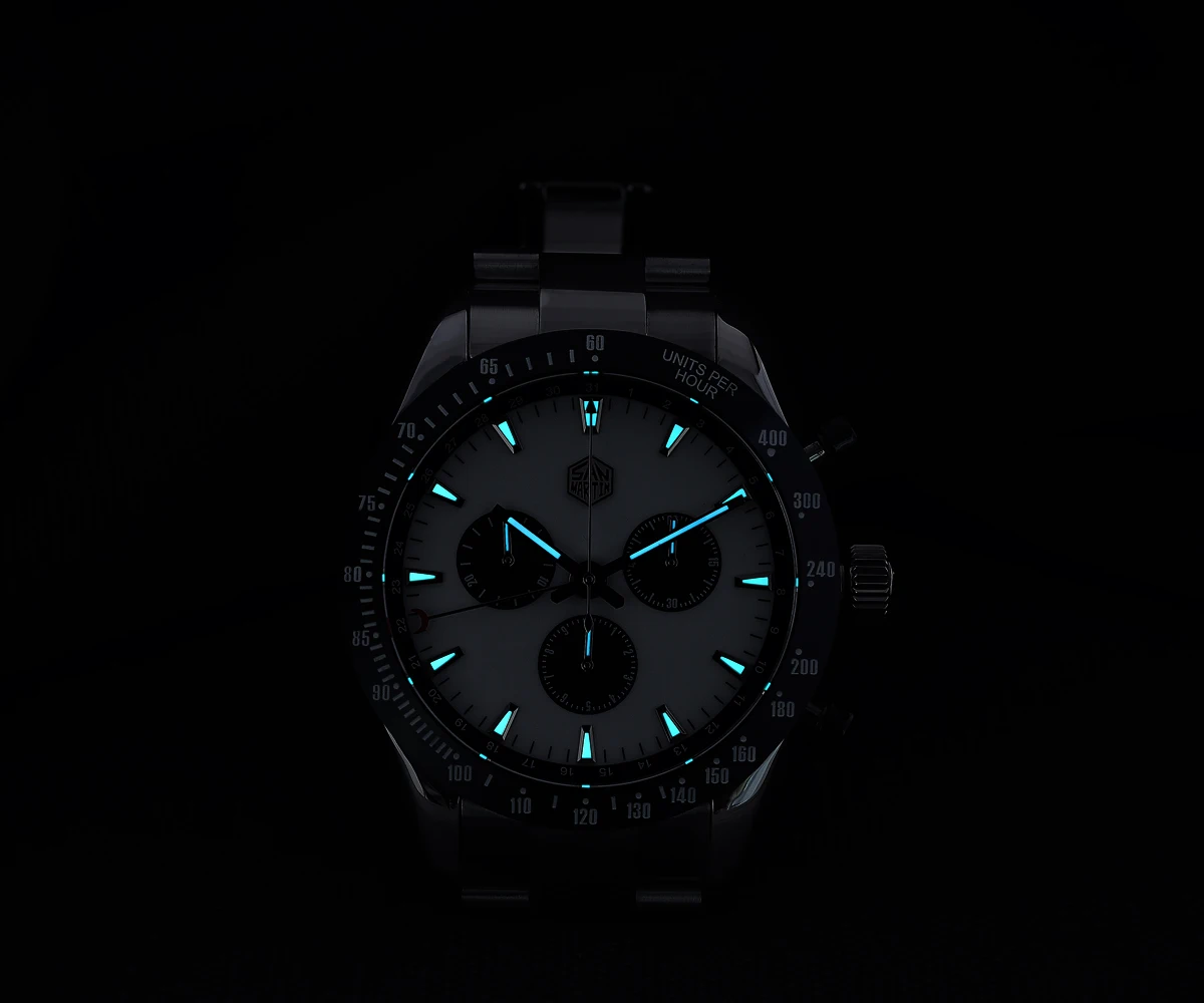 Lugyou San Martin Quartz Watch Men Chronograph Timepiece Sun ray Metal Band Sub Dials Pusher Sapphire 100m Water Resistant Glow