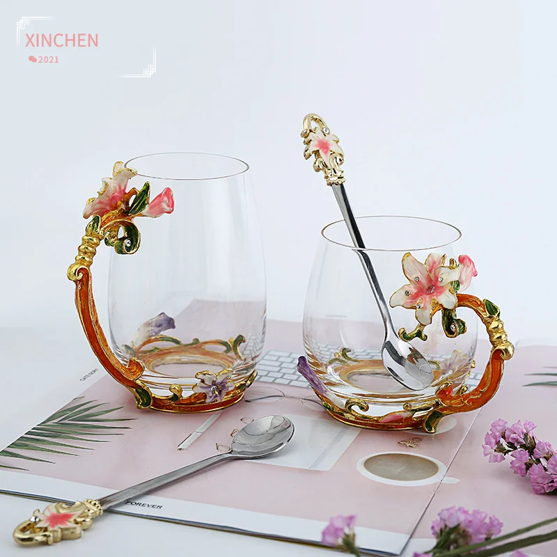 

Lily Enamel Water Cup Heat-resistant Glass European Royal Gift Couple Drinking Copas De Cristal De Colores