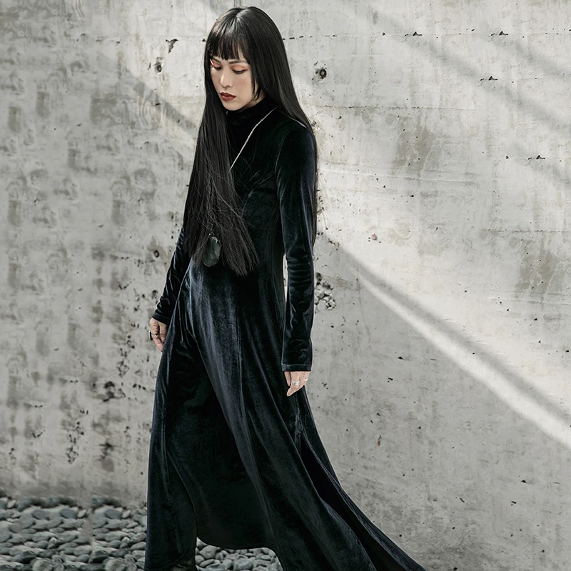 

XUXI Spring Autumn 2020 Women Velvet Robes Black Characters Simple High Collar New Sleeves, Long Adjustment Loose Trend FZ0897