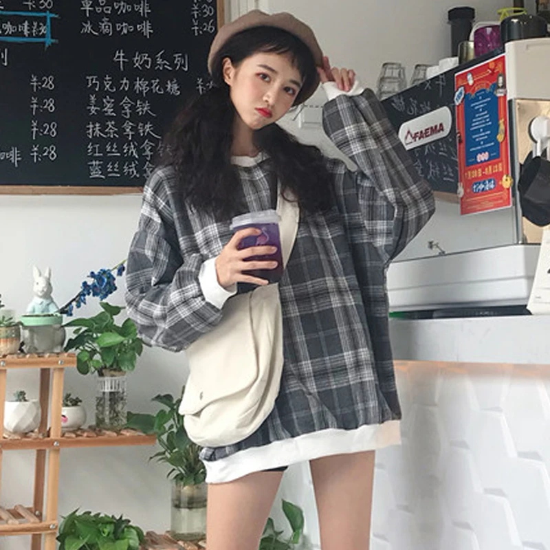 Толстовки женские Ulzzang новая весенняя Осенняя тонкая свободная клетчатая модная простая Женская одежда с длинным рукавом шикарная толстовка с капюшоном
