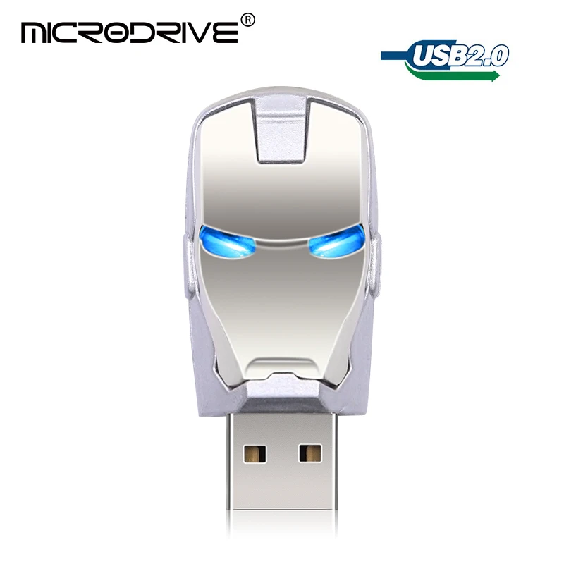 Серебристый Железный человек, USB флеш-накопитель, 8 ГБ, 16 ГБ, 32 ГБ, 64 ГБ, 128 ГБ, металлический USB флеш-накопитель, светодиодный светильник, флеш-накопители, флеш-накопители, мужской подарок - Цвет: Серебристый