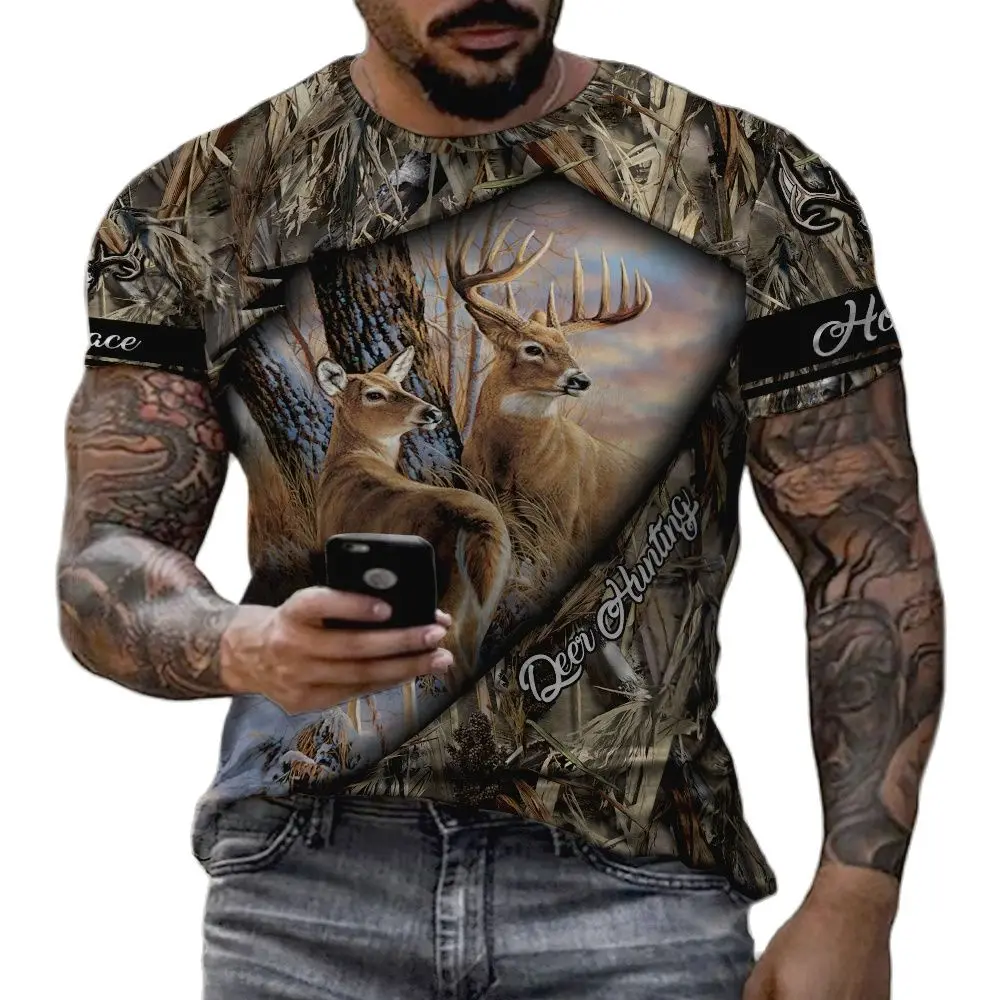 

New Fashion Large Size 3d Fingerprint Around The Neck Outdoor Fish Fishing Deer Custom Male Series Long Sleeves Shirt