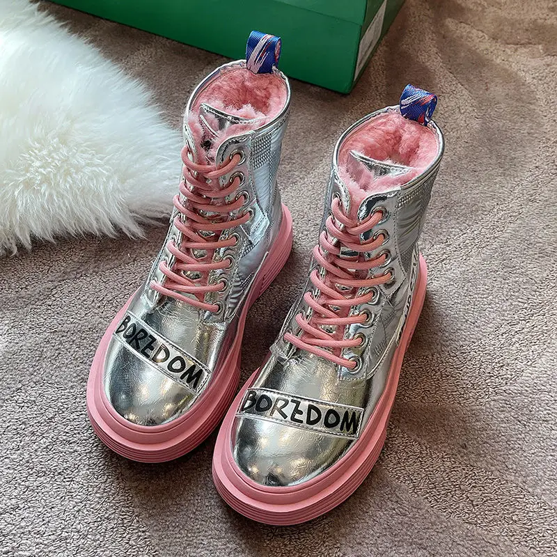 

Women Autumn Winter Pink Blue 2021 Mid Calf Short Boots Martin Shoes Platform Matching Locomotive Rubber Fashion Patent Leather