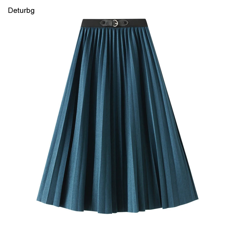 

Women's Elegant Flowy Knitted Solid Skirt Female High Waist Buckle Decoration Pleated Thick Midi A-Line Skirts 2021 Winter SK926