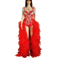 sparkly rhinestones skinny bodysuits silver chain fringe women jumpsuits red voile tailing bar party show performance stage wear