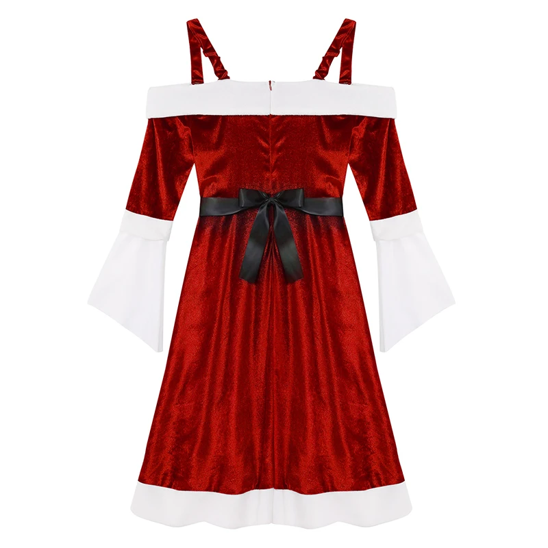 

Women Christmas Costume Mrs Miss Santa Claus Xmas Cosplay Soft Velvet Off Shoulder Long Flared Sleeves Red Midi Dress with Belt