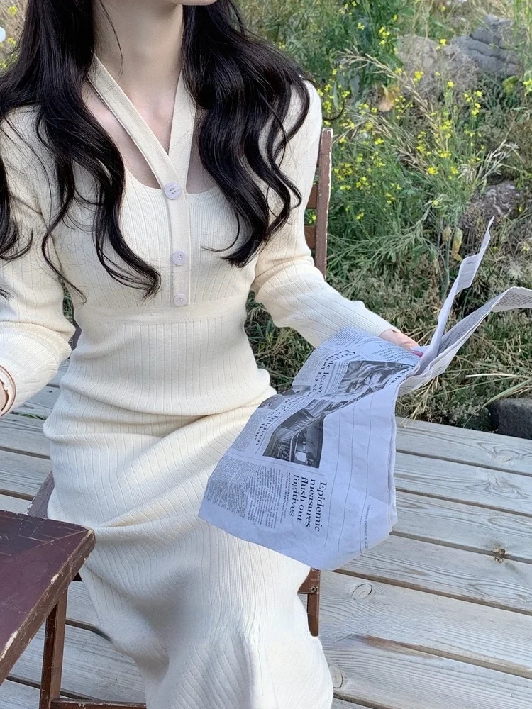 

Autumn Knitted Elegant One-piece Dress Women Bodycon Korean Style Party Midi Dress Y2k France Vintage Halter Collar Dresses 2021