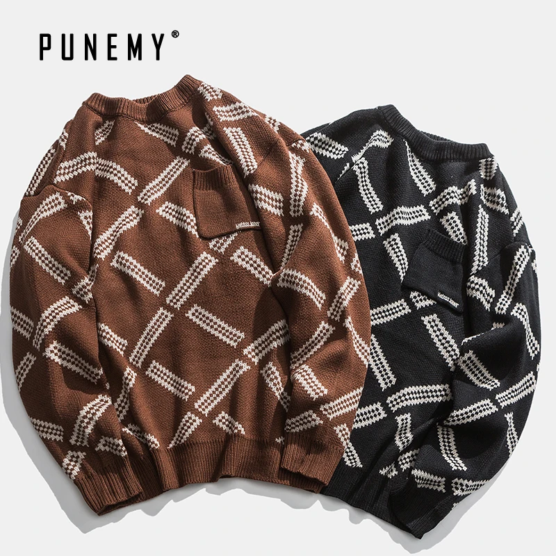 Мужской свитер в стиле ретро с узором виде Аргайл большой размер хип-хоп уличная