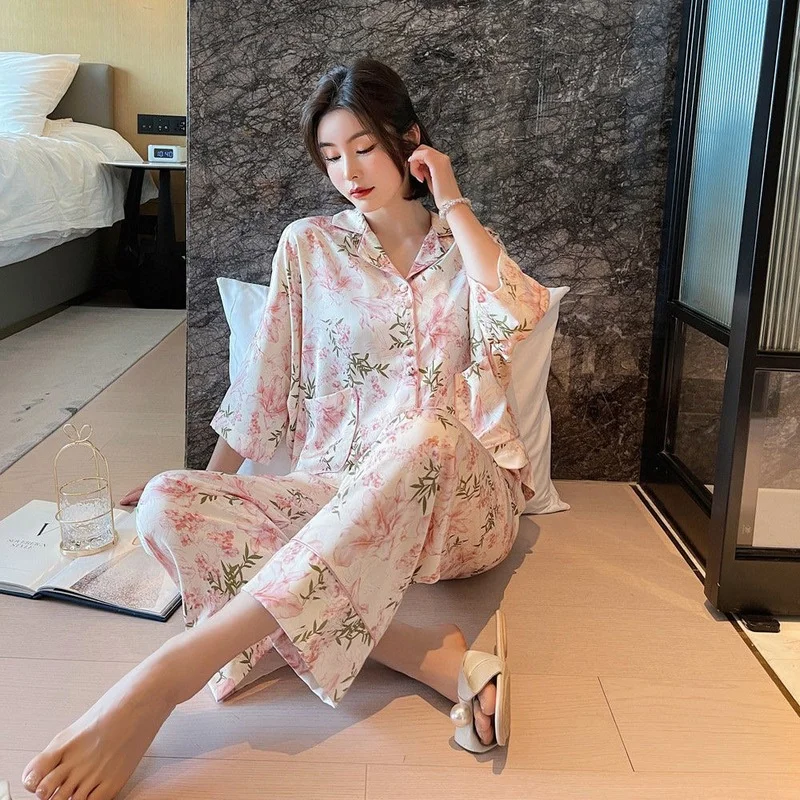 QWEEK Silk Pajamas for Women Floral Print Sleepwear Autumn Female Set Woman 2 Piece Nightwear Elegant Suit Bat Sleeve Loungwear
