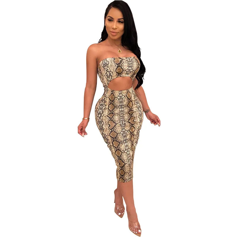 

Leopard Snake Striped Print Tube Top Bodycon Dress Summer Hot Style Model European and American Women Outfits