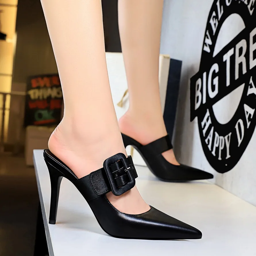 

Fashionable and Simple Baotou Drag Stiletto High-heeled Shallow Mouth Pointed Toe Belt Buckle Female Slippers