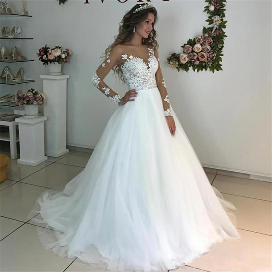 

Tulle Wedding Dresses Lace Appliqued Scoop Neck Illusion Long Sleeve Sweep Train Elegant Robe De Mariee 2021 A-line Bride Gowns