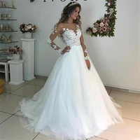 tulle wedding dresses lace appliqued scoop neck illusion long sleeve sweep train elegant robe de mariee 2021 a line bride gowns