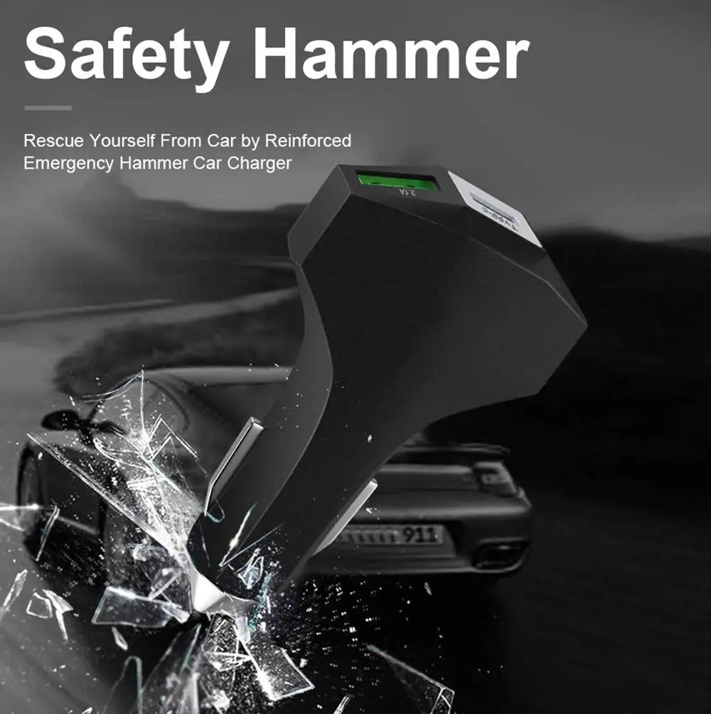 

3.0 USB Car Charger Safety Hammer For Mobile Phone Tablet GPS Fast Charger Car-Charger Dual USB Car Phone Charger Adapter In Car