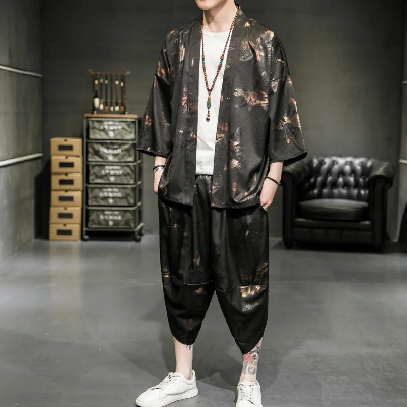 

Ropa Para Hombre 2021 Summer New Style Chinese Style Men's Casual Suit Youth Simple Printing Thin Cardigan Hanfu Suit