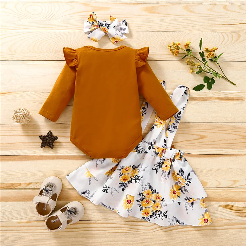 

3Pcs Newborn Baby Girls Summer Outfits,Toddler Girl Letters Print Long Sleeves Romper+Floral Suspenders Skirt+Hairband,0-18Month