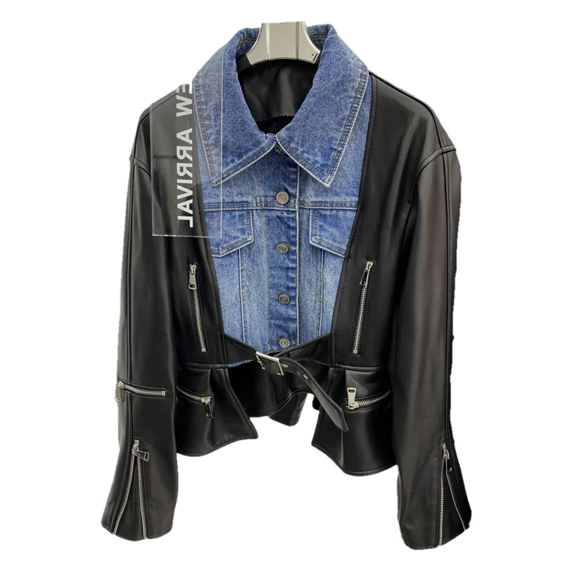 Runway Designer Sheepskin Genuine Leather Jacket Women Fashion Luxury Autumn Coats Patchwork Denim Real Leather Outwear Clothing