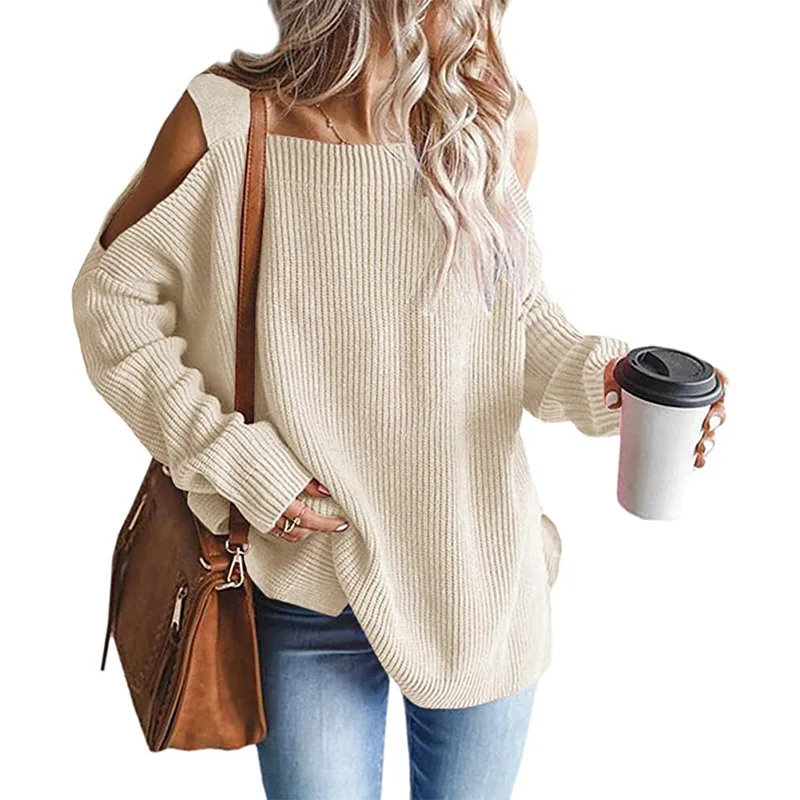 

Autumn and winter new women's plus size stitching sling long sleeve strapless pullover knitted loose sweater women's clothing