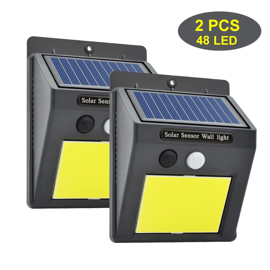 2pcs 48 LED Lamps 48/60 COB светодиодный светильник на солнечной батарее 3 режима движения PIR сенсор настенный светильник IP65 Водонепроницаемый Широкий угол открытый сад уличный светильник безопасности - Испускаемый цвет: 2pcs 48 LED Lamps