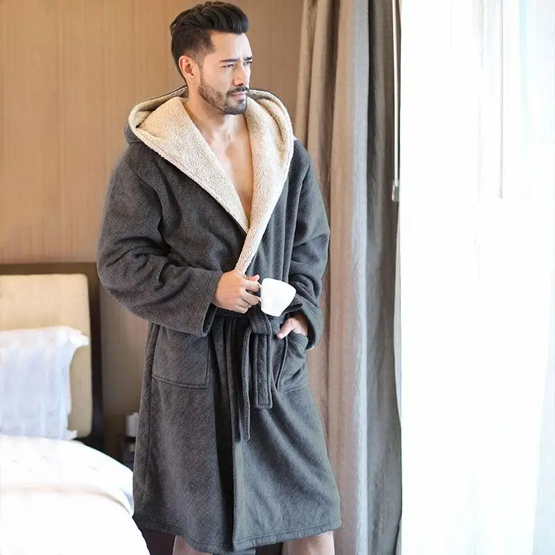 Men pajamas Solid Colored Long-Sleeve Woven Flannel Polyester Winter Pajama Robe with Pockets, Shawl Collar and Sash Closure