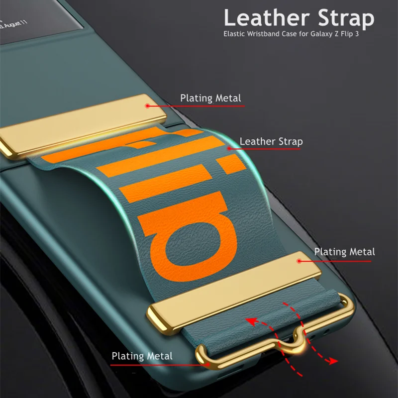 Case For Samsung Galaxy Z Flip 3 Case With Hand Strap Wristband Ultra Thin Hard Plastic Cover with Lens Protection Glass