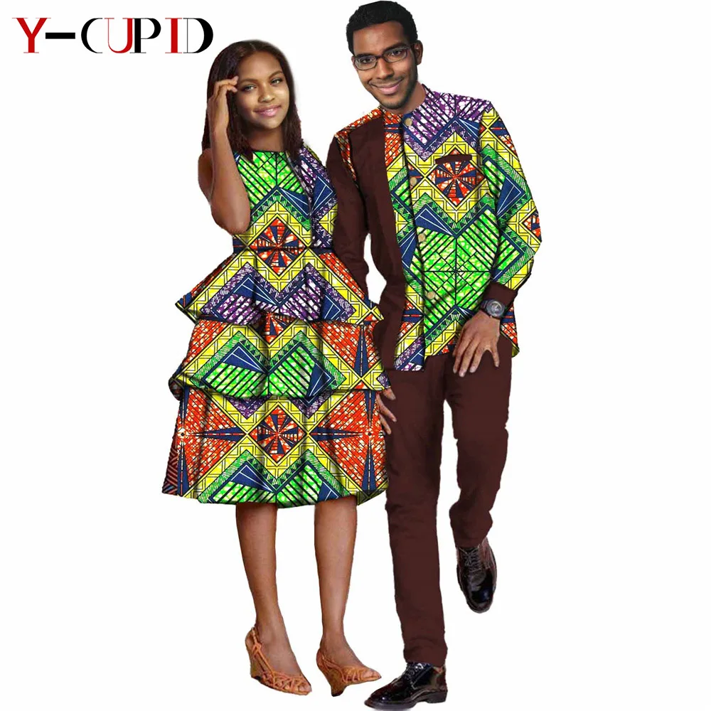 African Clothes for Couples Women Ankara Print Mulit Layer Dresses Matching Men Outfits Shirt and Pants 2 Pieces Sets Y21C006