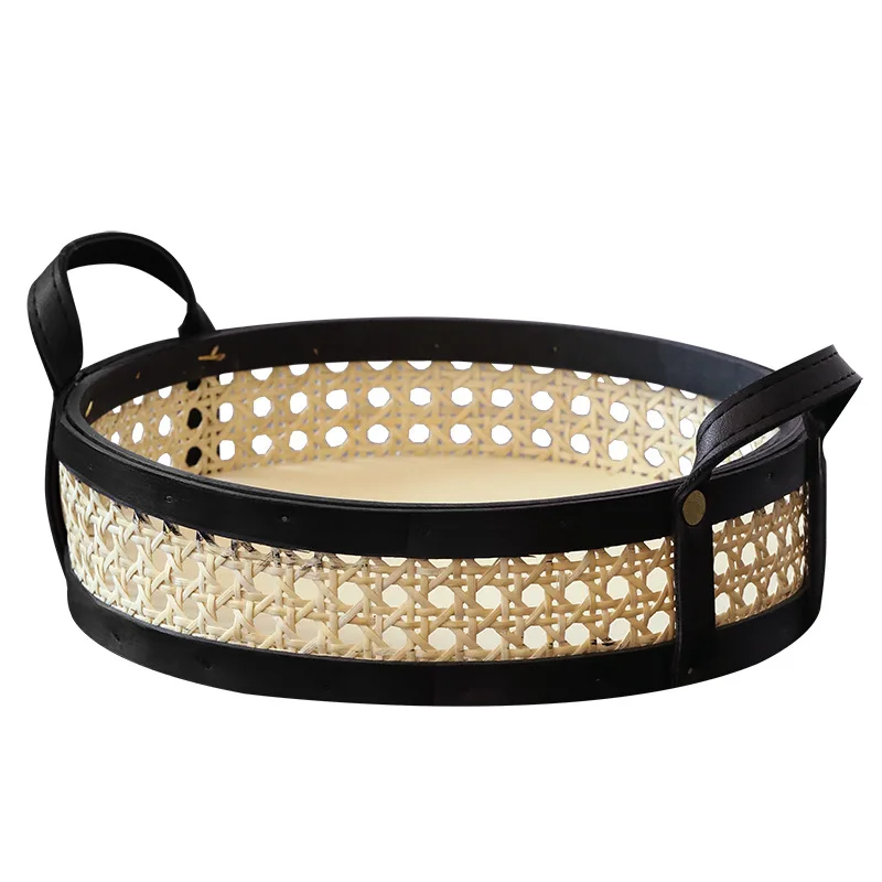 Rattan basket home table decoration coffee/tea/juice kitchen accessory 3 size PU leather handle | Storage Baskets