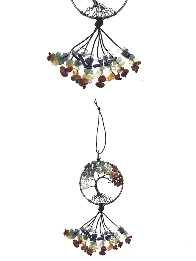

Pendant Decoration Natural Crystal Stone 7 Chakra Round Tree Of Life Pendant Holder Key Bags Accessories Keychains Car Key