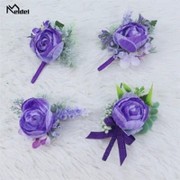 groom wedding boutonniere wrist corsage brooch flowers purple white rose lapel pin men buttonhole guests marriage accessories