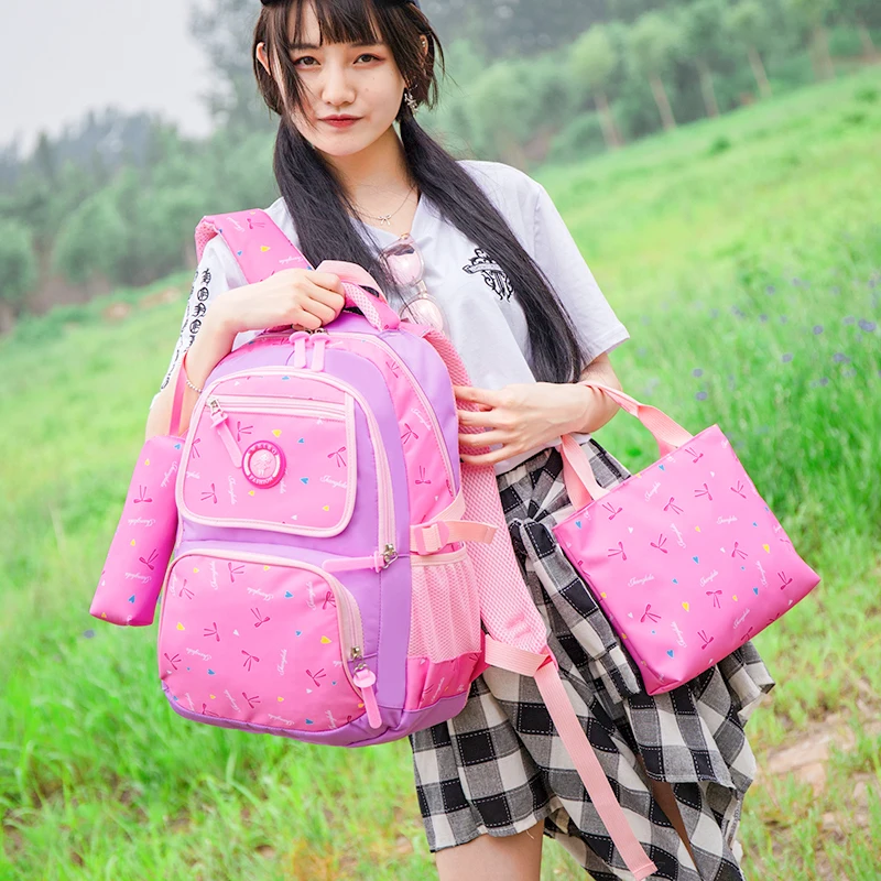 

Bow Print Nylon Waterproof Girl School Backpack Outdoor Travel Large Capacity Girl Backpack 3Pcs Per Set Backpack Shoulder Bag
