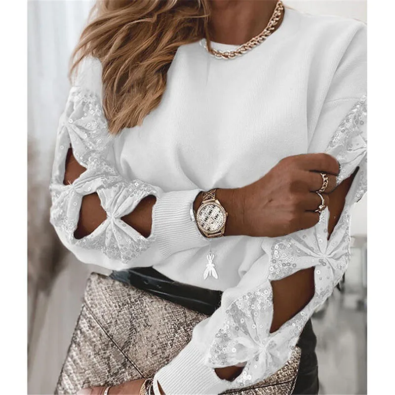 

Sequin Bowknot Cut-Out Sweater Women Long Sleeve Sequin Stitching Sweater Hollow Hedging Top Autumn Fashion Loose Blusa