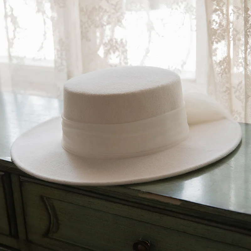 

Bridal Wedding White Fedora Hat with Veil Bride Headwear Lady 100% Australia Wool Felt Fedora Has 56-58cm