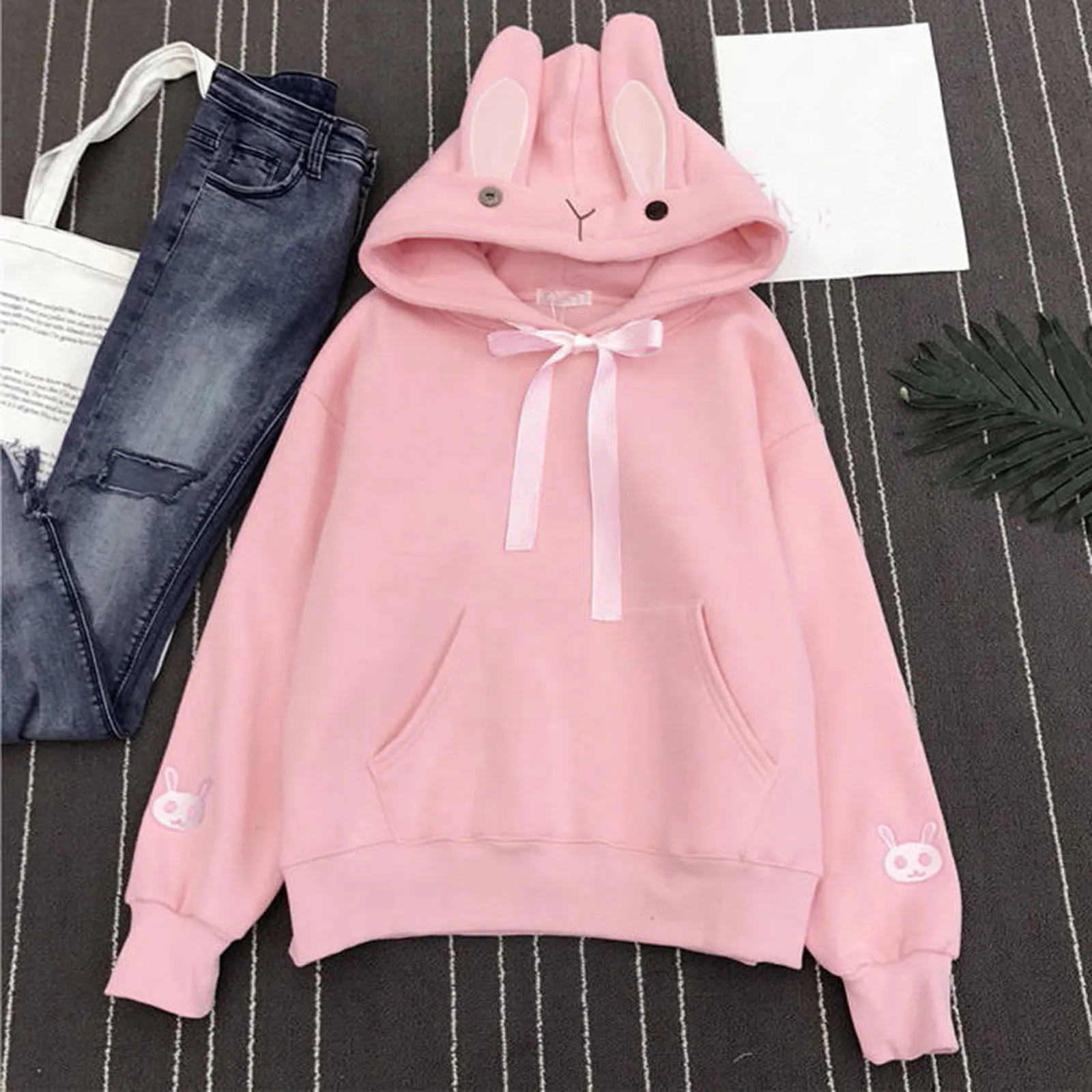 Sweatshirt For Women Print Autumn Korean Style Fashion Hoodies Kawaii Oversized Hooded Rabbit Ears Long Sleeve Loose Tops
