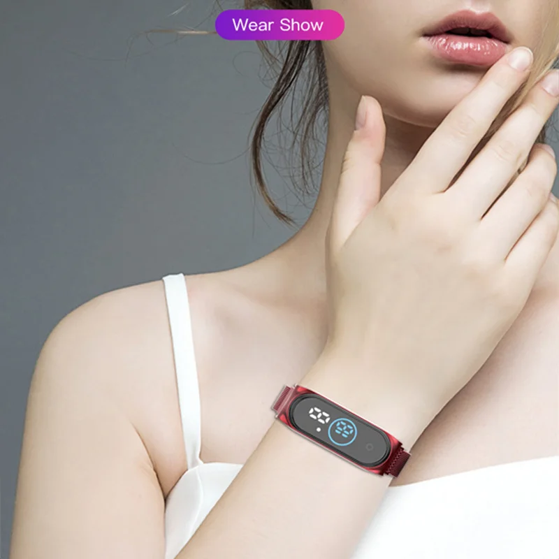 

YUNAO 2021 New Magnet Milanese Chain Sports Bracelet Watch Waterproof Electronic Watch Two-Color Display Electronic Couple Watch