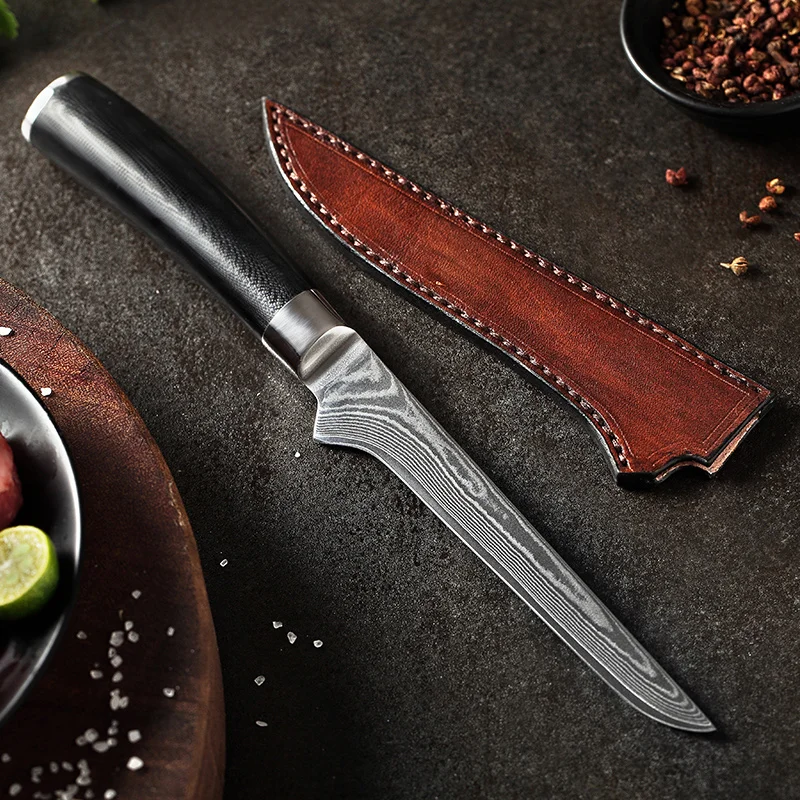with Leather Sheath XINZUO 5," дюймовый обвалочный нож VG10 Core дамасский кухонный нож из нержавеющей стали инструменты для приготовления пищи филе рыбные дебоновые ножи G10 Ручка - Цвет: with Leather Sheath